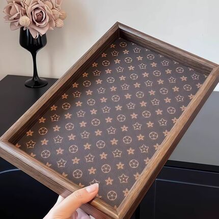 中古复古长方形桌面首饰摆件钥匙玄关收纳盒轻奢皮革茶盘托盘家用