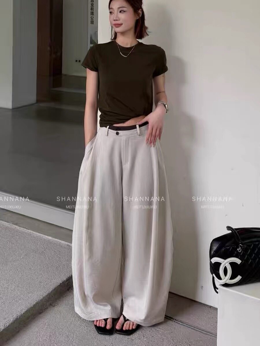 698100夏季新款高腰显瘦亚麻休闲裤女垂感阔腿弯刀裤直筒拖地长裤