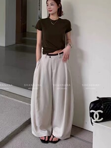 698100夏季新款高腰显瘦亚麻休闲裤女垂感阔腿弯刀裤直筒拖地长裤