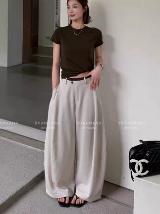 698100夏季新款高腰显瘦亚麻休闲裤女垂感阔腿弯刀裤直筒拖地长裤