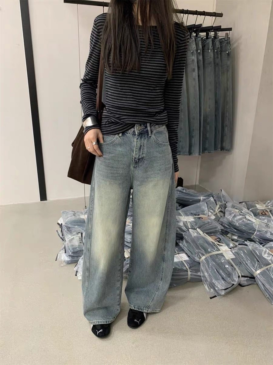 AP6226韩版高腰加厚直筒牛仔裤女2025冬季新款复古显瘦窄版阔腿裤