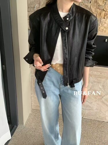 韩国BUFAN33030春季新款时尚立领PU皮衣外套女短款机车蛋白皮夹克