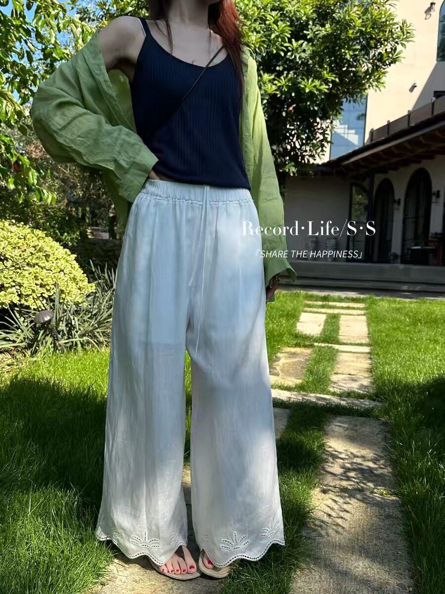 S-she2026夏装宽松刺绣花边直筒休闲长裤女减龄亚麻阔腿裤57125潮