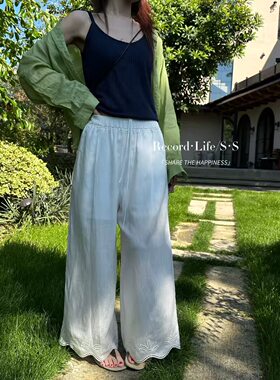 S-she2026夏装宽松刺绣花边直筒休闲长裤女减龄亚麻阔腿裤57125潮