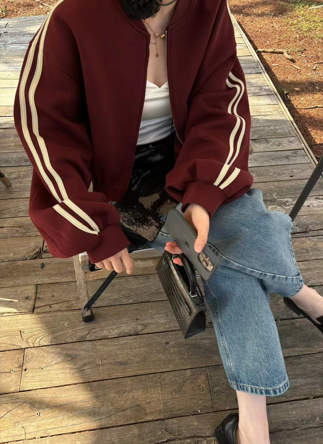 卡蔓诗kamanshi0321春季新款酒红色帅气百搭宽松拉链棒球服外套女