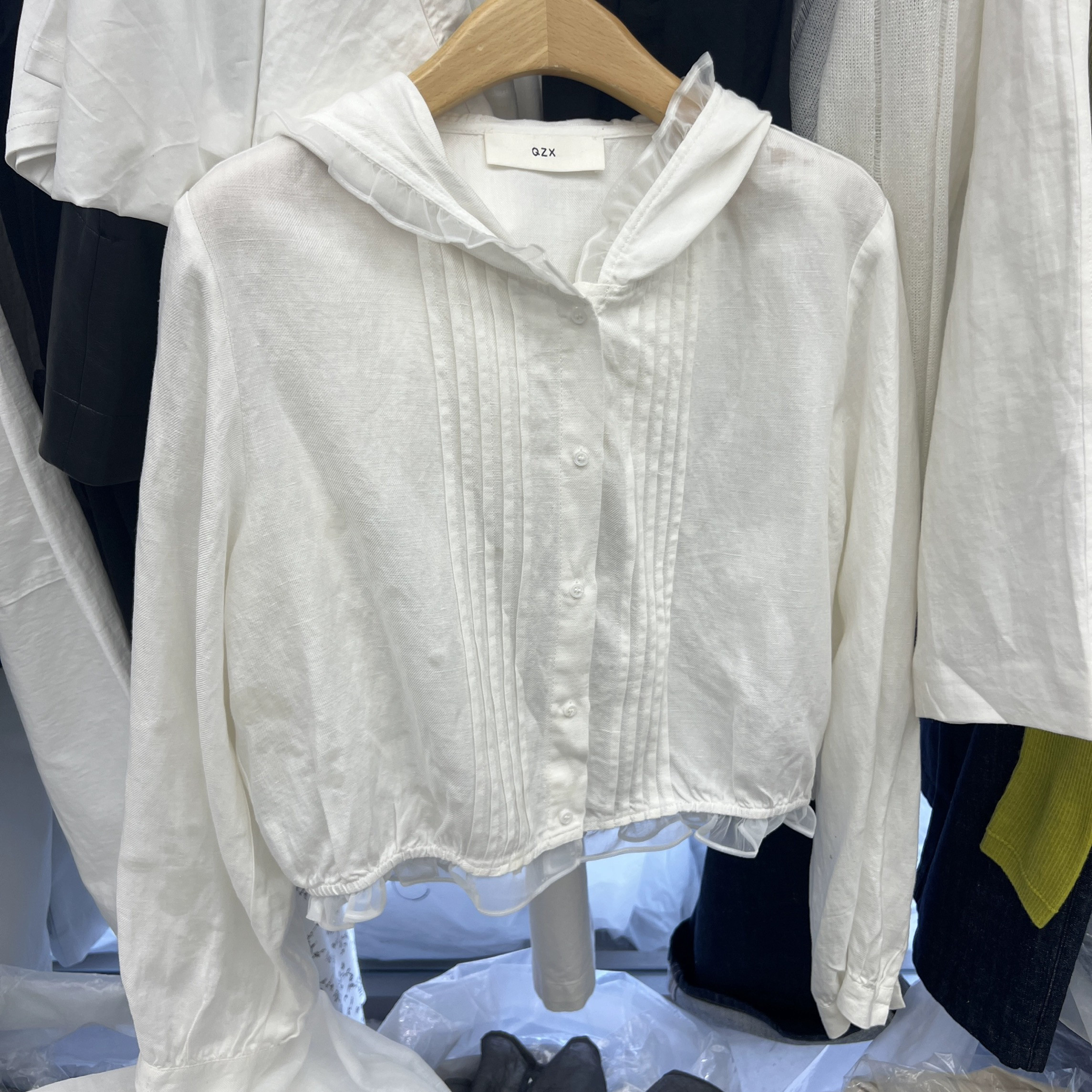 浅之夏QZX10130正品亚麻天丝韩系小个子显瘦连帽蕾丝花边短袖衬衫