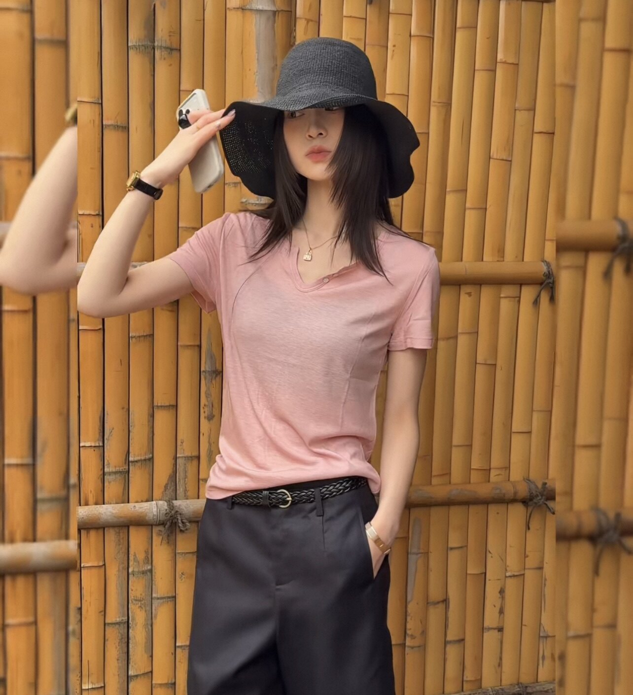 WT2026夏季新款欧货简约小纽扣剪刀领正肩短袖天丝面膜T恤女Wat