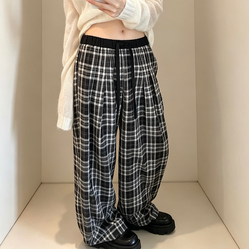 章壳儿oker正品2026秋季新款松紧腰系带格纹宽松显瘦休闲裤A1062