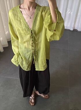 ZHUWEI主位100苎麻V领单排扣蕾丝拼接精致衬衫防晒衣女上衣11718