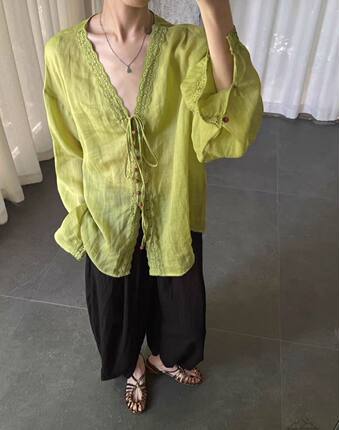 ZHUWEI主位100苎麻V领单排扣蕾丝拼接精致衬衫防晒衣女上衣11718