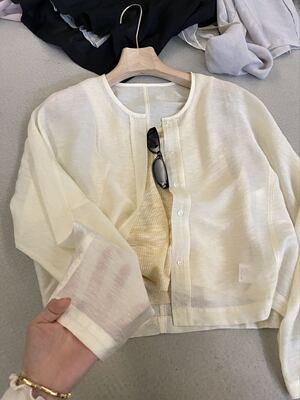 in.11韩版夏季显瘦宽松圆领小清新防晒衣天丝麻+竹节麻背心两件套