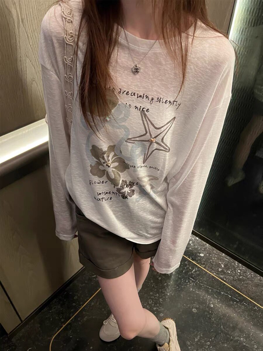 83A休闲印花长袖T恤女宽松显瘦百搭遮肉防晒上衣设计感白色81551