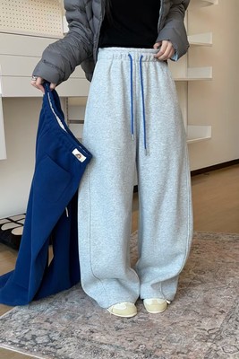 ZW正品8599厚款显瘦撞色松紧腰弯刀阔腿裤直筒冬季宽松休闲卫裤女