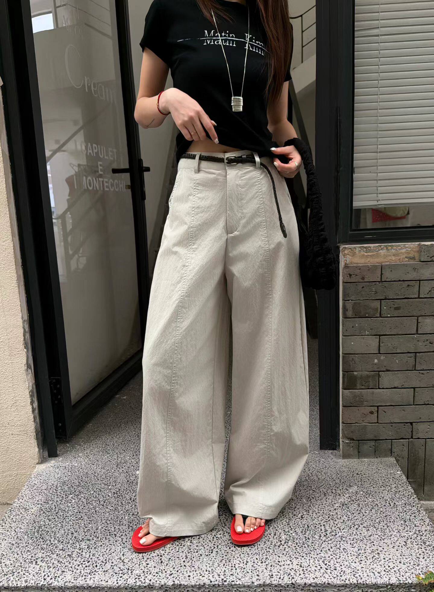 MIOUQIQ名欧2730高腰宽松阔腿裤女显瘦松弛感弯刀裤休闲长裤2026