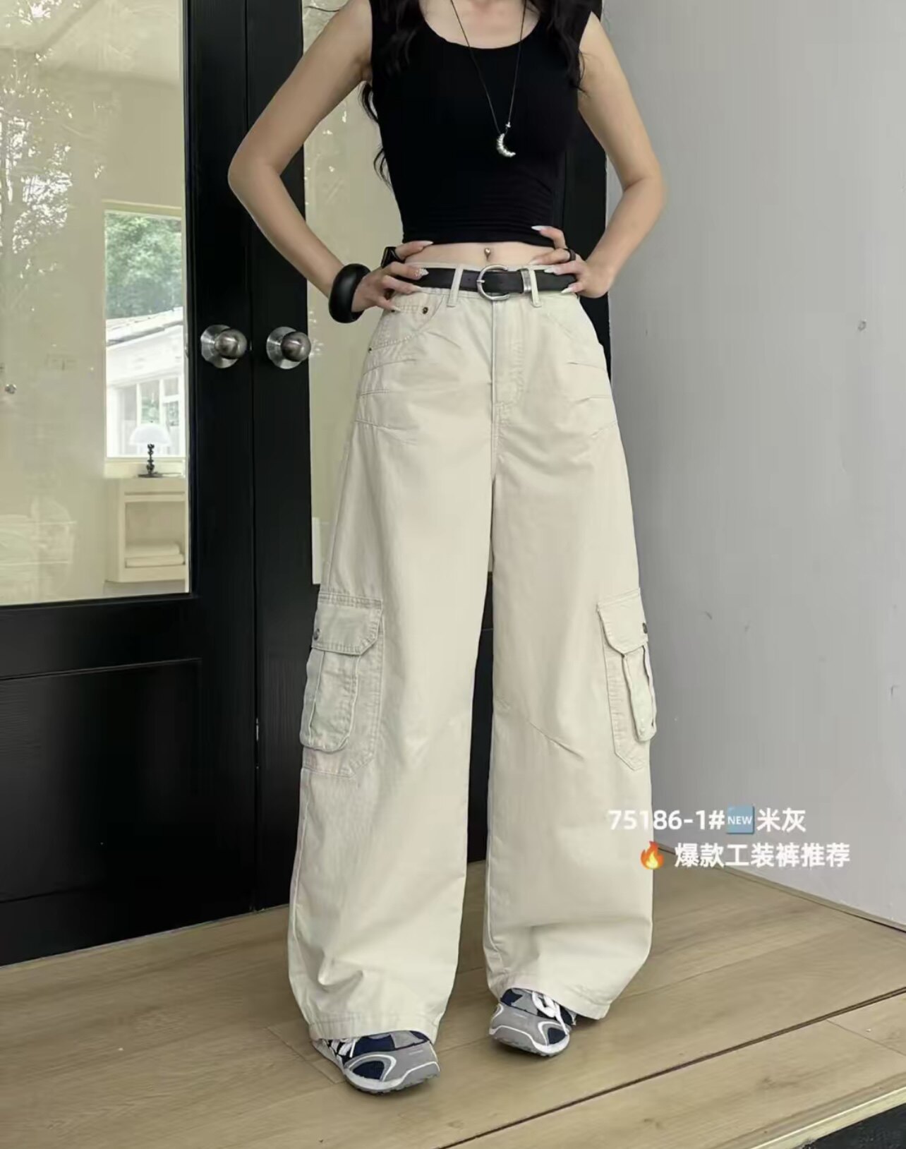 韩国75186夏季新款简约感通勤风宽松百搭卡其工装立体剪裁弯刀裤