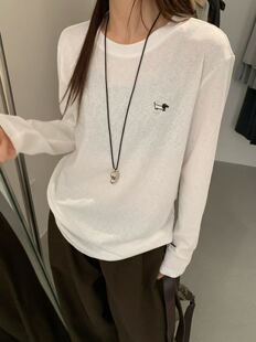 one秋季韩版宽松显瘦圆领长袖T恤女百搭休闲刺绣小狗打底衫上衣
