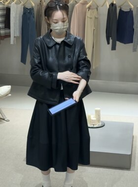 oker章壳儿正品韩版皮衣外套短款小个子黑色娃娃领26秋新款A1084