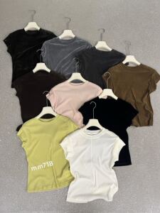 manshu718正品2026秋季新款简约纯色丝绒短袖T恤女弹力显瘦上衣