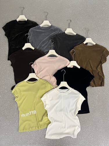 manshu718正品2026秋季新款简约纯色丝绒短袖T恤女弹力显瘦上衣