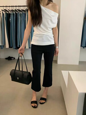 韩国AP时尚设计感高腰显瘦微喇喇叭裤女百搭休闲小个子七分裤6578