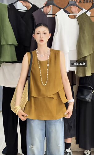 轩轩魅丽依族97-6239夏休闲不规则荷叶边圆领无袖亚麻小衫女衬衫
