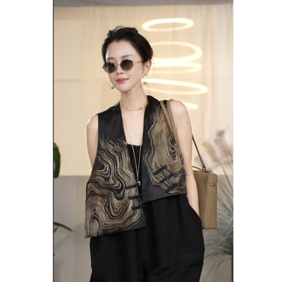 X【叭哒不惑】 国色天香 桑蚕丝香云纱段染刺绣时尚中式无袖马甲