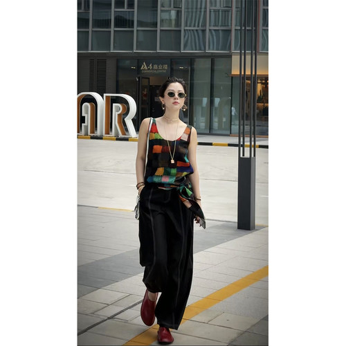 Y【叭哒不惑】黑弯刀 桑蚕丝香云纱复古时尚松紧腰宽松阔腿裤女