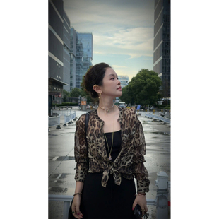 Y【叭哒不惑】桑蚕丝豹纹复古圆领长袖衬衫女时尚百搭开衫外套