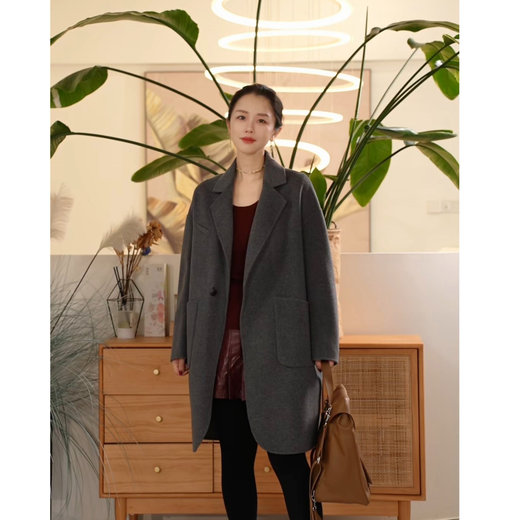 X库茵 叭哒不惑 落叶金秋 绵羊毛时尚休闲宽松毛呢大衣