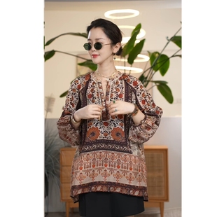 女宽松休闲时尚 复古印花民族风衬衫 婴宁上 上衣 叭哒不惑