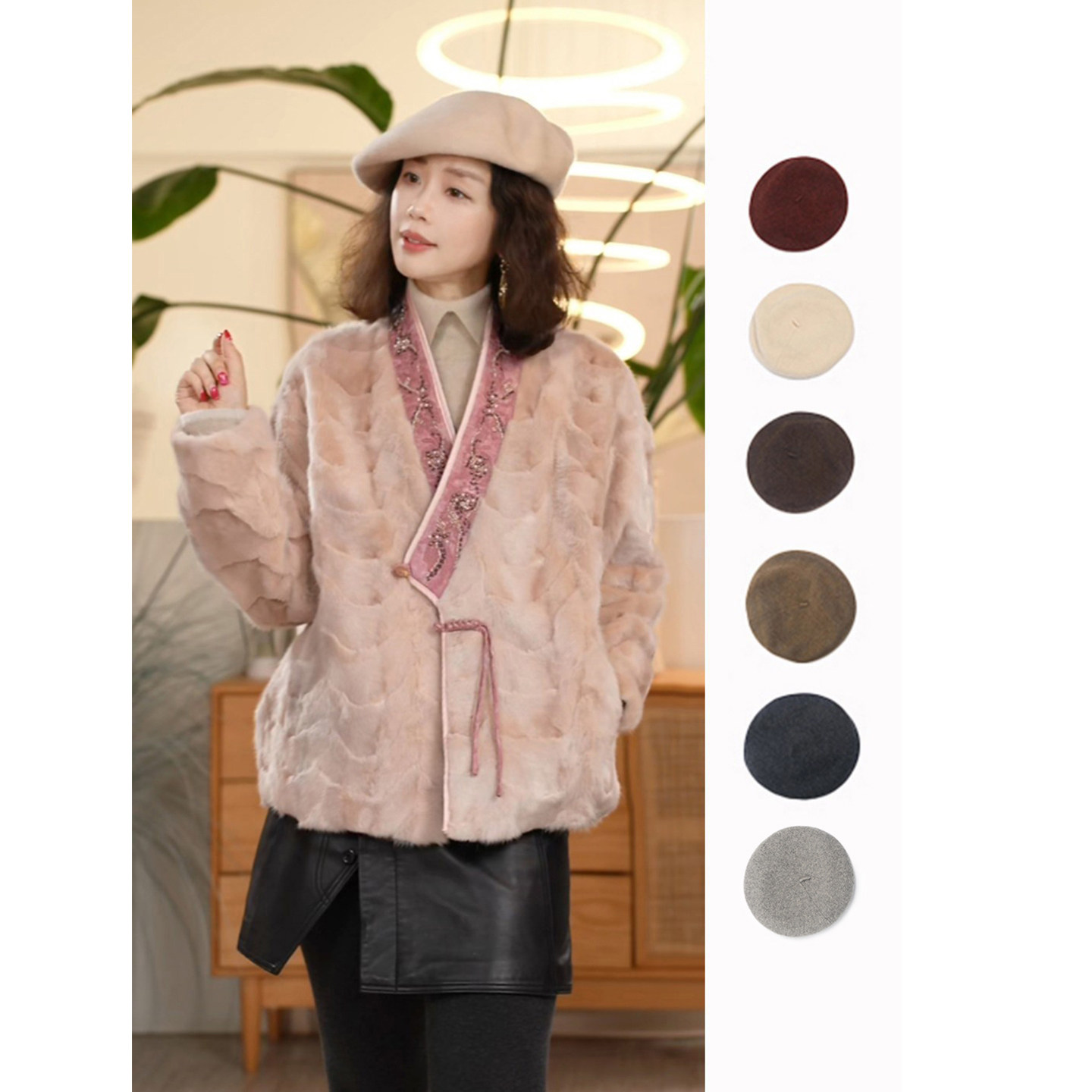 Y【叭哒不惑】绵羊毛贝雷帽女显脸小画家帽气质百搭帽子