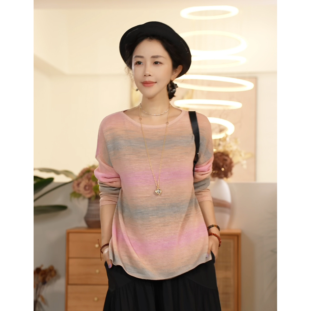 X【叭哒不惑】彩虹条 和纸糖果色渐变条纹针织衫宽松长袖上衣春夏