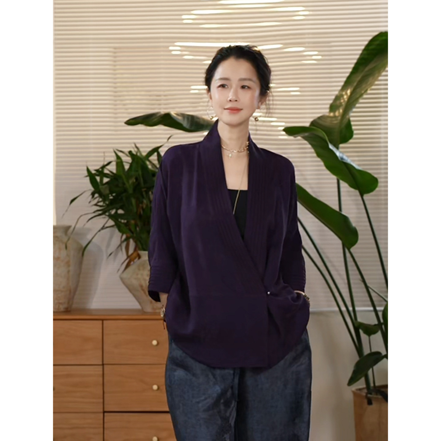Y【叭哒不惑】玄紫 桑蚕丝香云纱花萝简约时尚复古风开衫上衣外套