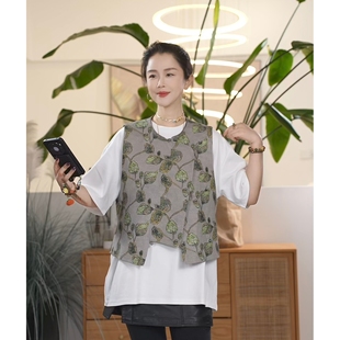 Y【叭哒不惑】金钱莲 新中式植绒百搭宽松马甲女气质上衣