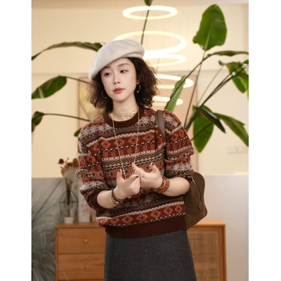 Y【叭哒不惑】羊毛提花厚款圆领毛衣撞色宽松百搭套头上衣