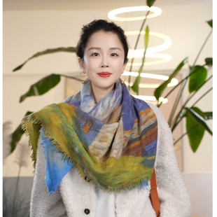 Y【叭哒不惑】羊毛时尚印花丝巾方形百搭轻奢拼色围巾