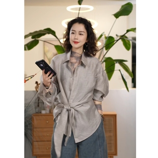 X【叭哒不惑】 亚麻桑蚕丝设计感不规则衬衫女气质百搭宽松