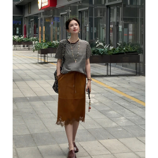 Y【叭哒不惑】羊皮蕾丝拼接松紧抽绳设计直筒半身裙女时尚百搭
