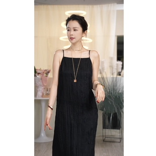 Y【叭哒不惑】雨夜 醋酸简约中长款小吊带裙女气质百搭显瘦裙子