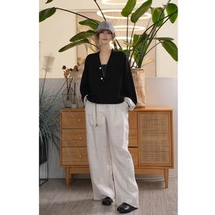 女高腰宽松显瘦裤 亚麻简约高级感阔腿裤 甜茶裤 子 叭哒不惑