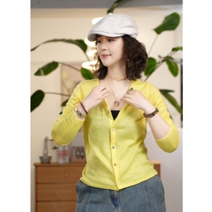 X【叭哒不惑】糖果屋 山羊绒亚麻简约减龄针织开衫女气质百搭上衣