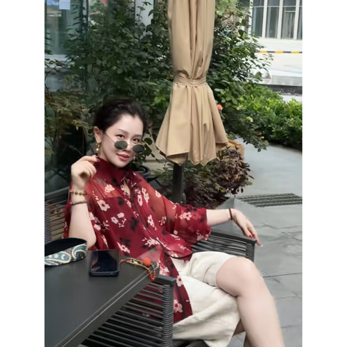 X【叭哒不惑】桑蚕丝乔其立领收绳复古印花宽松休闲外套