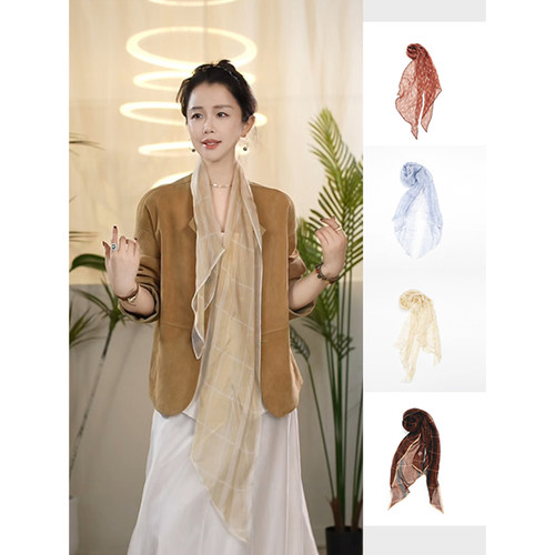 Y【叭哒不惑】桑蚕丝复古格纹高级感丝巾围脖气质百搭