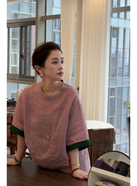 Y【叭哒不惑】 汉麻亚麻复古撞色圆领宽松慵懒风显瘦短袖上衣
