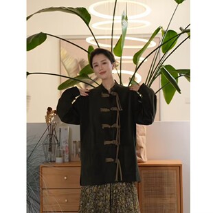 X【叭哒不惑】墨染绿 棉新中式时尚长袖单排扣百搭宽松外套女