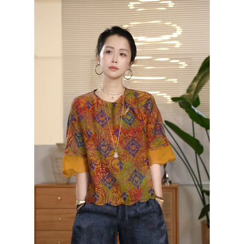 C【叭哒不惑】彩晕   桑蚕丝中式花边设计感短袖上衣女宽松百搭