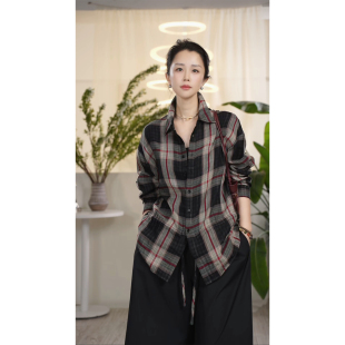 X【叭哒不惑】英伦格  棉色织复古宽松慵懒风长袖格子衬衫女休闲