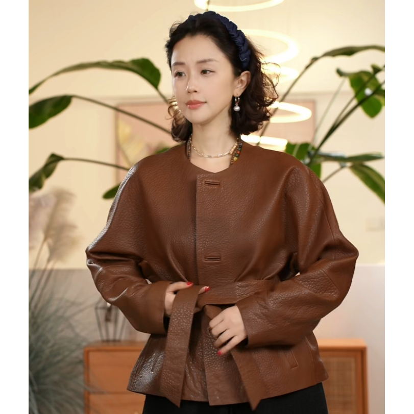 X【叭哒不惑】无束 山羊皮高级感皮衣女时尚复古短外套上衣