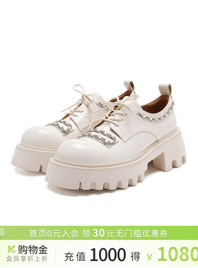 诺贝达女鞋秋款奶白色英伦风松糕底小皮鞋舒适通勤简约RWC230115