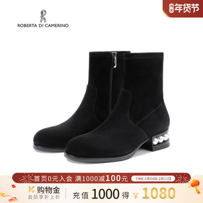 诺贝达新款圆头时装靴百搭显瘦显瘦短靴冬季珍珠粗跟女靴RA255508